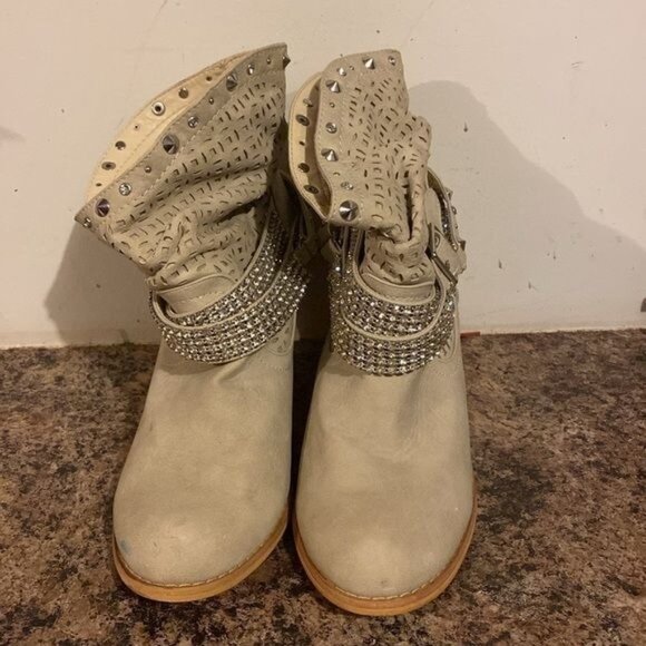 Tan Bling Chunky Heel Slouch Boots sz 10 - Picture 3 of 8